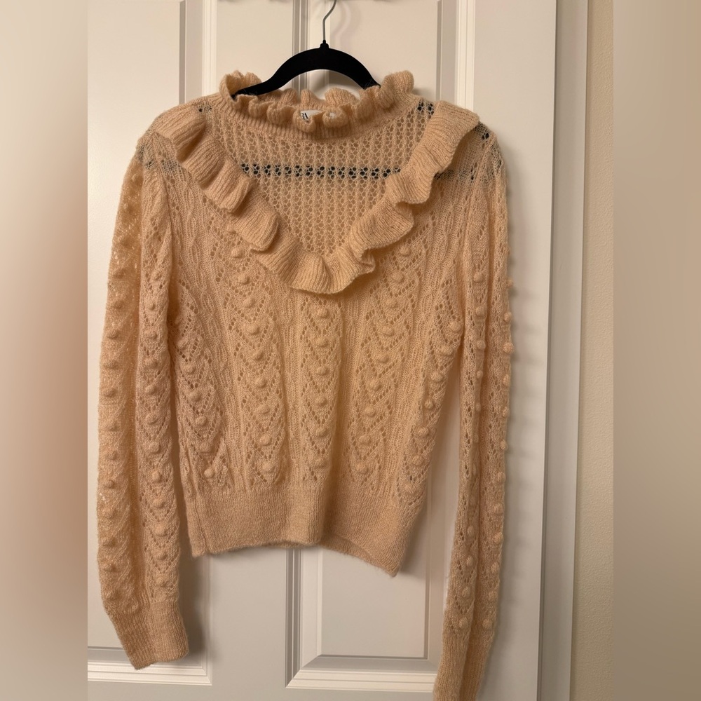 Zara Cream Ruffled Knit Turtleneck Sweater
